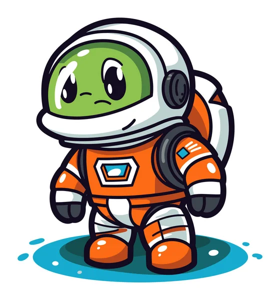 かわいい緑色のエイリアン宇宙飛行士の漫画スペーススーツ 友好的な地球外生命体の子供たち 想像上の遊び心のあるスペースマンベクターイラスト ストックイラスト