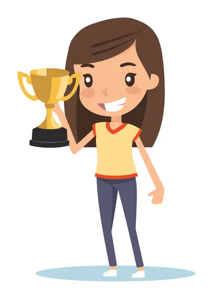 Jovencita Sosteniendo Trofeo Feliz Premio Femenino Sonriente Niño Ganador Logro Vectores de stock libres de derechos