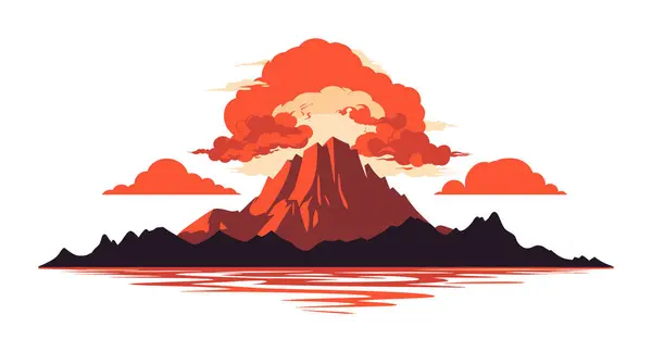 Éruption Volcan Fumée Lave Paysage Montagne Ciel Rouge Illustration Vectorielle Vecteur En Vente