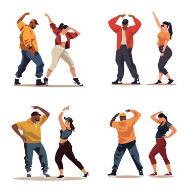 Hip hop dansı yapan dört kişi. Sokak dansı pratiği yapan şık dansçılar. Şehir dans kültürü idman vektörü illüstrasyonu