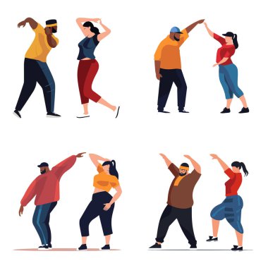 Çeşitli gruplar modern tarzlarda dans ediyor, gündelik dansçılar müzik hareketinden zevk alıyor. Kentsel dans çeşitliliği gençlik kültürü illüstrasyonu