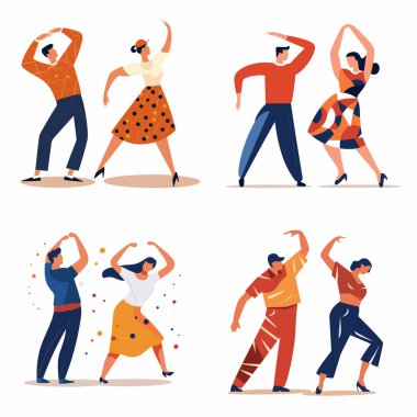 Kadın erkekler çeşitli pozlarda dans ediyor. Retro stil dansçılar, 50 'lerin swing dansları, neşeli dans hareketleri. Eğlence dans dersleri vektör illüstrasyonu