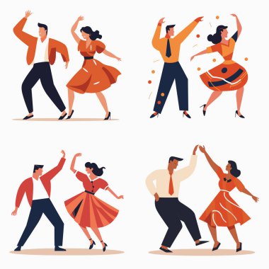Dans eden çiftler şık salsa kıyafetleri. Neşeli dansçılar Latin Amerika dansı hareketleri yapıyor. Ritmik dans kültürel gelenek vektör çizimi