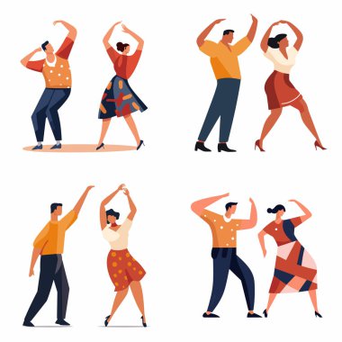 Dört dansçı retro partiden hoşlanıyor, iki erkek 50 'li yaşlarda dans eden iki kadın. Neşeli çiftler swing dansı yapar. Retro dans olayı vektör illüstrasyonu