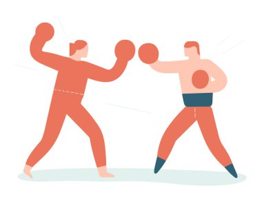 Bir boks maçında biri kırmızı diğeri mavi giyen iki adam. Boksörler rekabetçi dövüş sporları duruşu sergiliyor. Atletik olay ve rekabetçi ruh temsili.