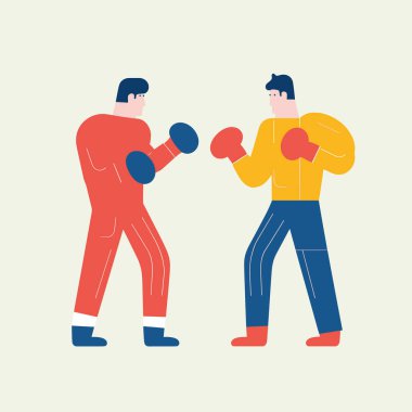 İki çizgi film boksörü dövüşmeye hazır, eldiven giymiş ve boks kıyafeti giymiş. Rekabet ve spor eğitim vektörü illüstrasyonu.