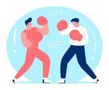 İki adam boks yapıyor, biri kırmızı, diğeri mavi, dinamik dövüş pozisyonu, düz stil. Boks maçı, sporcular vektör illüstrasyonunda yarışıyor.