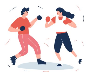 Kadın ve erkek boks antrenmanı, günlük spor kıyafetleri giyiyorlar. Kadın ve erkek egzersiz, dinamik duruş, amatör boks. Fitness ve eğlence amaçlı spor vektörü çizimi.