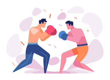 İki erkek boksör bir maçta dövüşüyor, çizgi film stili, biri kırmızı eldiven giyiyor, diğeri mavi. Erkekler spor müsabakası, boks ringi konsepti vektör ilülasyonu.