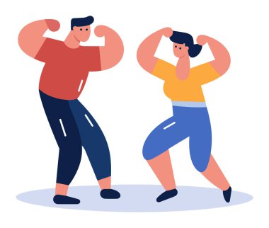 Erkek ve kadın spor kıyafetleriyle kaslarını gösteriyorlar. Fitness çifti birlikte çalışıyor. Egzersiz motivasyonu, kuvvet antrenmanı vektör çizimi.