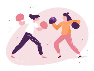 İki kadın boks yapıyor, biri beyaz, diğeri turuncu. Kadın boksör eğitimi, dinamik spor aktiviteleri. Kadınların güçlendirme ve spor vektörü illüstrasyonu.