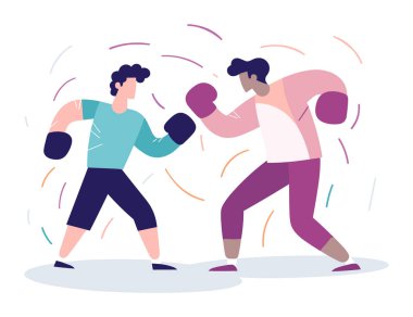 İki erkek boksör ringde dövüşüyor, atletler arasında dinamik boks maçı. Rekabetçi spor ve boks antrenmanı vektör illüstrasyonu.