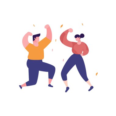 Mutlu erkek ve kadın karakterler dans ediyor, heyecanla kutluyorlar. Neşeli çizgi film yetişkinleri parti yapıyor, mutlu hissediyorlar. Kutlama ve mutluluk konsepti vektör çizimi.