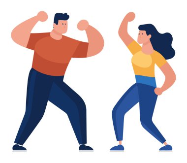 Genç adam ve kadın enerjik bir şekilde dans ediyor, fitness gösterisi yapıyorlar. Aktif gençlik vektör illüstrasyonuyla sağlıklı yaşam tarzı.