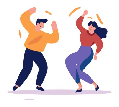 Genç adam ve kadın mutlu yüz ifadeleriyle neşeyle dans ediyorlar. Havalı bir elbise, modern animasyon tarzı. Kutlama, eğlenceli anlar arkadaşlar vektör illüstrasyonu.