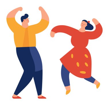 Mutlu çift neşeyle dans ediyor, sarı gömlekli adam, puantiyeli kırmızı elbiseli kadın. Gülümseyen dansçılar birlikte eğleniyorlar. Neşeli dans, neşeli anlar vektör çizimi.