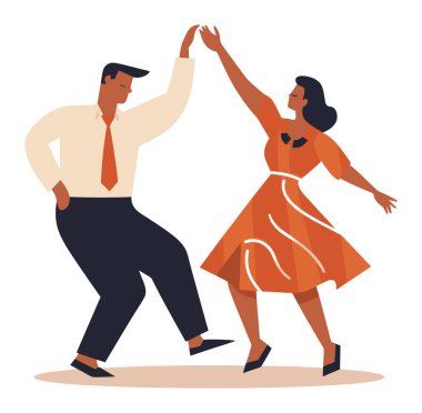 Kadın ve erkek zarif elbise ve takım elbise içinde salsa yapıyor. Çift Latin dans partisini sever. Neşeli dans etkinliği ve kutlama vektörü illüstrasyonu.