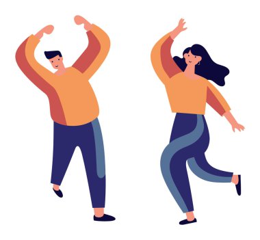 Two people dancing joyfully with arms up, male and female happy dancers. Casual clothing, fun activity, joyful mood vector illustration. clipart