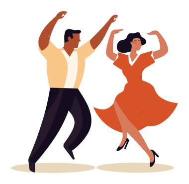 Şık kıyafetler içinde dans eden çift. Latin Amerikalı dansçılar dans pisti hareketlerini seviyorlar. Fiesta ve canlı dans vektörü illüstrasyonu.