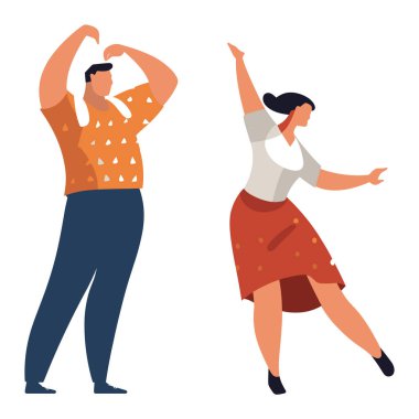 Kadın ve erkek neşeyle dans ediyor, erkek günlük kıyafetler giyiyor, kadın etek ve bluz giyiyor. İnsanlar dansı seviyor, mutluluk ve hareket vektörü çizimi gösteriyorlar..