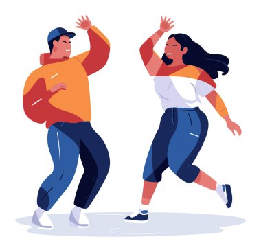 Erkek ve kadın neşeyle dans ediyor, modern gündelik kıyafetler. Mutlu, enerjik genç yetişkinler, sokak dansı hareketleri. Arkadaşlık ve eğlenceli konsept vektör çizimi.