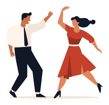 Kadın ve erkek birlikte salsa ya da tango yapıyor. Resmi giyinmiş zarif bir çift dans etmekten hoşlanır. Hareket vektörü illüstrasyonunda Latin dans partnerleri.