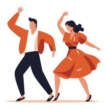Kadın ve erkek mutlu bir şekilde dans ediyor. Turuncu elbiseli, siyah pantolonlu ve turuncu gömlekli bir kadın. Swing dansı çifti, neşeli dans hareketleri vektör illüstrasyonu.