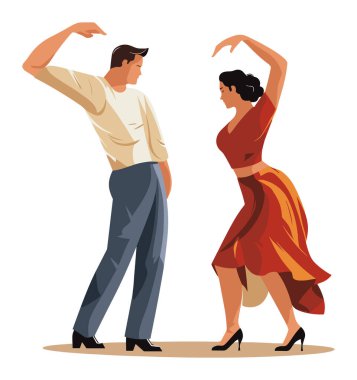 Hispanic couple dancing salsa together, man in casual attire, woman in red dress. Latin American dance partners, joyful expression. Salsa dancers and cultural celebration vector illustration. clipart