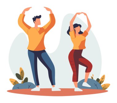 Genç bir kadın dışarıda birlikte egzersiz yapıyor, ikisi de günlük spor kıyafetleri, kollarını başlarının üstüne uzatıyor. Fitness çifti sağlıklı yaşam tarzını sever. Refah vektör illüstrasyonunu uygula