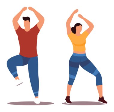 Erkek kadın spor yapıyor, birlikte spor yapıyor, dans ediyor. Formda kalan insanlar aerobik rutin vektör çizimi. Sağlıklı yaşam tarzı, dans fitness, egzersiz partnerleri, beden eğitimi.
