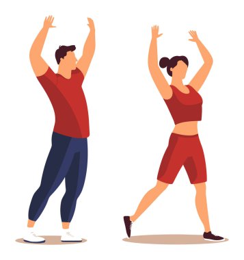 Erkek kadın spor kıyafetleri egzersizden önce kollarını kaldırıyor. Fitness çifti vektör illüstrasyonunda ısınma rutini yapıyor. Sağlıklı yaşam tarzı partner çalışma konsepti