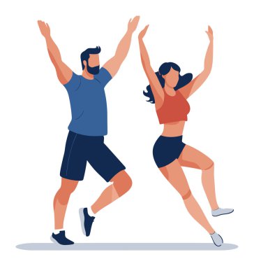 Neşeli bir şekilde dans eden mutlu adam. Genç, yetişkin bir çift, gündelik giysiler giyip birlikte eğleniyorlar. Eğlence, dans, fitness yaşam tarzı vektör çizimi