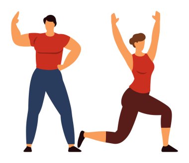 Yetişkin kadın yoga yapıyor, erkek dansı yapıyor, spor yapıyor. Egzersiz yapan, sağlıklı yaşam tarzı kavramı olan insanlar. Etkin yetişkinler spor giyim vektör çizimi