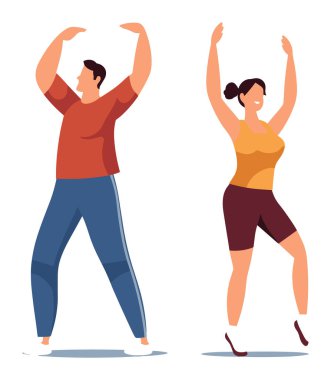 Kilolu insanlar egzersiz yapıyor, erkek kadın kollarını kaldırıyor. Neşe uygunluğu, sağlıklı yaşam tarzı değişim vektör çizimi