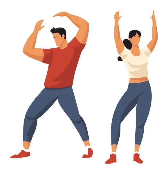 Stock vector Young adult male female dancing energetically, both casual clothing. Fitness dance workout, joyful active lifestyle vector illustration