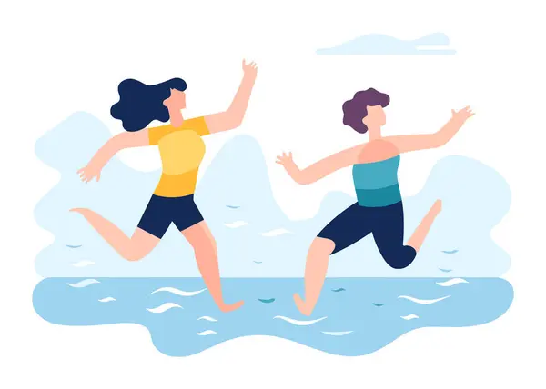 Deux Jeunes Femmes Qui Courent Plage Activité Estivale Insouciante Exercice — Image vectorielle