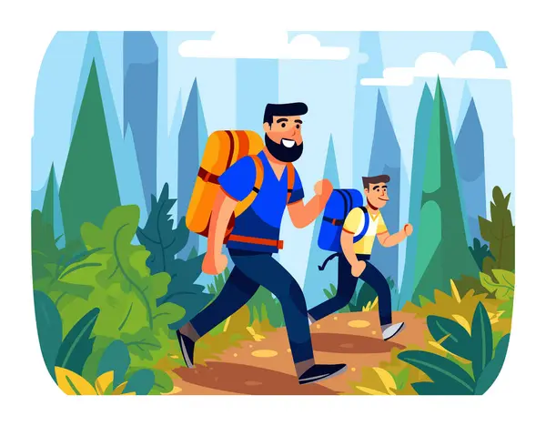 Zwei Männliche Wanderer Wandern Durch Den Wald Und Genießen Die — Stockvektor