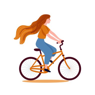 Genç bir kadın neşeli, sağlıklı bir hayat tarzı çiziyor. Bisiklete binen kadın karakter uzun dalgalı saçlar, günlük kıyafetler. Aktif spor bisiklet düz tasarım vektörü beyaz arkaplan