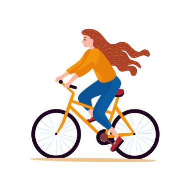 Sarı bisiklete binen genç bir kadın bisikletçi, günlük kıyafetler, açık hava, sağlıklı yaşam tarzı. Uzun saçlı bisikletçi bisiklet sürmekten, spor kıyafetlerden, spor egzersizlerinden, kadınlardan hoşlanıyor.