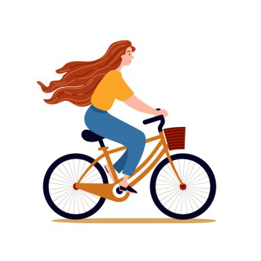 Bisiklete binen genç bir kadın, uzun saçlar, günlük kıyafetler, boş zaman aktivitesi, açık hava, sağlıklı yaşam tarzı. Kadın bisikletçi, neşeli ifade, sarı gömlek, mavi kot pantolon, bisiklet sepeti, minimalist