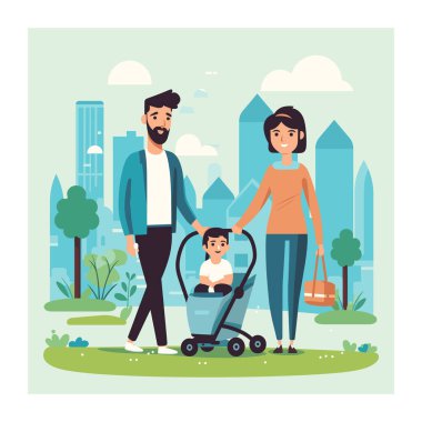 Genç bir aile parkı, bebek arabası iten bir baba, elinde çanta tutan bir anne. Mutlu ebeveynler açık hava çocuğu, modern şehir manzarası geçmişi, boş günler. Çizgi film karakterleri, şehir aile günü