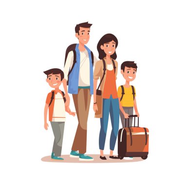Aile seyahati, mutlu ebeveynler, iki çocuk tatil gezisine hazır. Gülen çizgi film karakterleri erkek kadın çocuk çantaları seyahat kıyafetleri. Heyecanlı aile seyahati, tatil turizmi