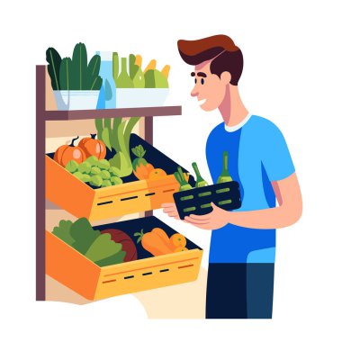 Young man choosing vegetables market shelf, fresh produce selection. Grocery shopping male holding bottle carrier, healthy lifestyle organic food choice. Casual attire, cartoon grocery store setting clipart