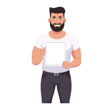 Gülümseyen adam boş tabelayı hazırda tutuyor. Sıradan giyinmiş erkek sunucu boş bir çerçeve sergiliyor, mutlu bir ifade. Beyaz boşluk metin görüntüsü sunan özgüvenli karakter sakalı