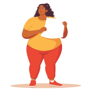 Genç Afro-Amerikan kadın elinde boş bir kağıt, tüm vücut karakter çizimi. Artı, sarı bluz giyen, kırmızı pantolon giyen, kırmızı spor ayakkabı giyen, gören bir kadın. Kendine güvenen kıvrımlı kız boş sunar