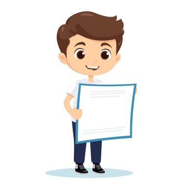 Genç çizgi filmci çocuk boş bir pankart sunuyor. Gülümsüyor, kendine güvenen sunucu posteri takıyor. Çizgi filmdeki çocuğun elinde boş tabela reklamı, pazarlama uzay metni var. Neşeli çocuk çizimi