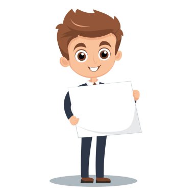 Genç karikatür işadamı elinde boş bir tabela tutarak gülümsüyor. Mutlu erkek profesyonel sunum tahtası boş yer. Neşeli karakter beyaz poster, iş reklamcılığı konsepti
