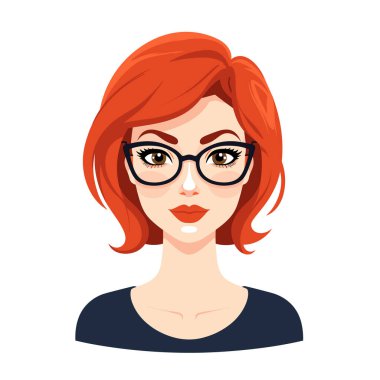 Kızıl saçlı kadın gözlüklü vektör çizimi, genç kızıl saçlı, şık gözlüklü. Ciddi ifade, kendine güvenen kızıl saçlı kadın portresi, siyah gömlek, izole edilmiş beyaz arka plan. Modern