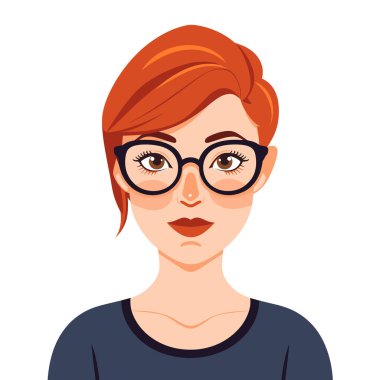 Genç yetişkin kadın karakter çizimi, kızıl saçlı, gözlüklü, kendine güvenen yüz ifadesi. Şık kadın portresi, sıradan moda, modern saç kesimi, çizgi film. Grafik kullanıcı avatarı, sosyal medya, kızıl kafa