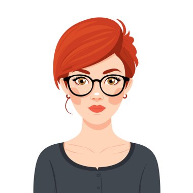 Kendine güvenen genç bayan profesyonel, kızıl saçlı, şık gözlükler, modern moda. Günlük iş kıyafeti, zeki görünüm, arkadaş canlısı tavır, soyutlanmış beyaz arka plan. Grafiksel